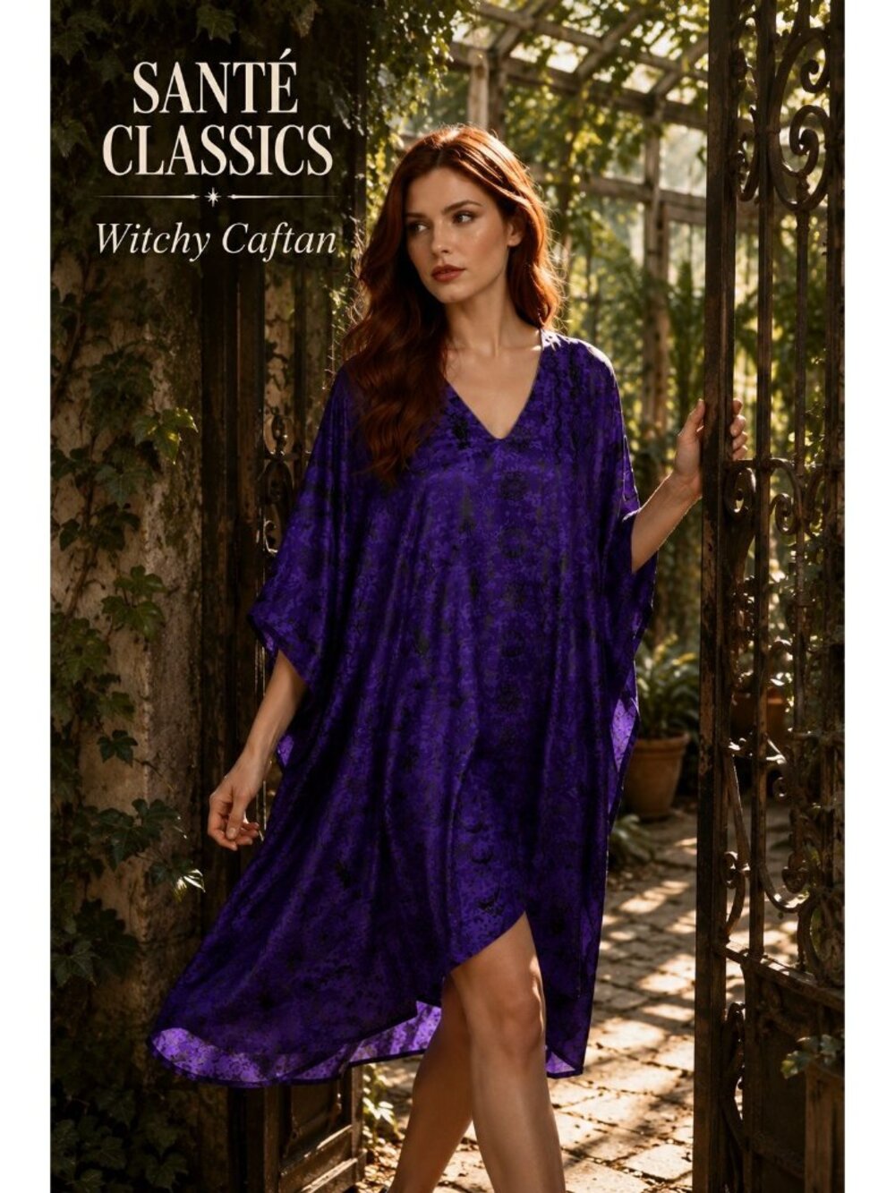VTG 90s Santé Classics Witchy Caftan One Size Purple Moon Bird Abstract Print